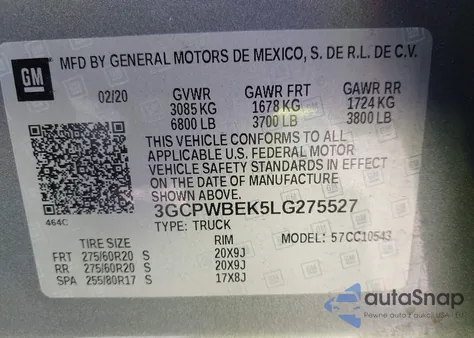 2020 Chevrolet Silverado 1500 2Wd Short Bed Custom из США, поврежденный, VIN 3GCPWBEK5LG275527